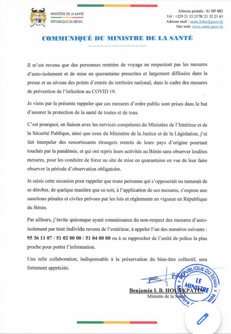 Voici le communiqué du ministre de la santé Voici le communiqué du ministre de la santé