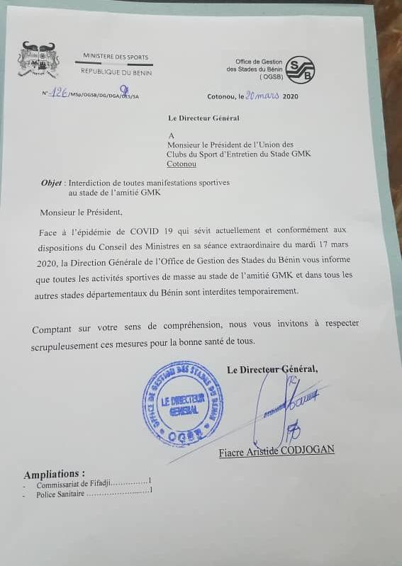 Covid-19 : interdiction de toutes activités sportives de masse à Kouhounou