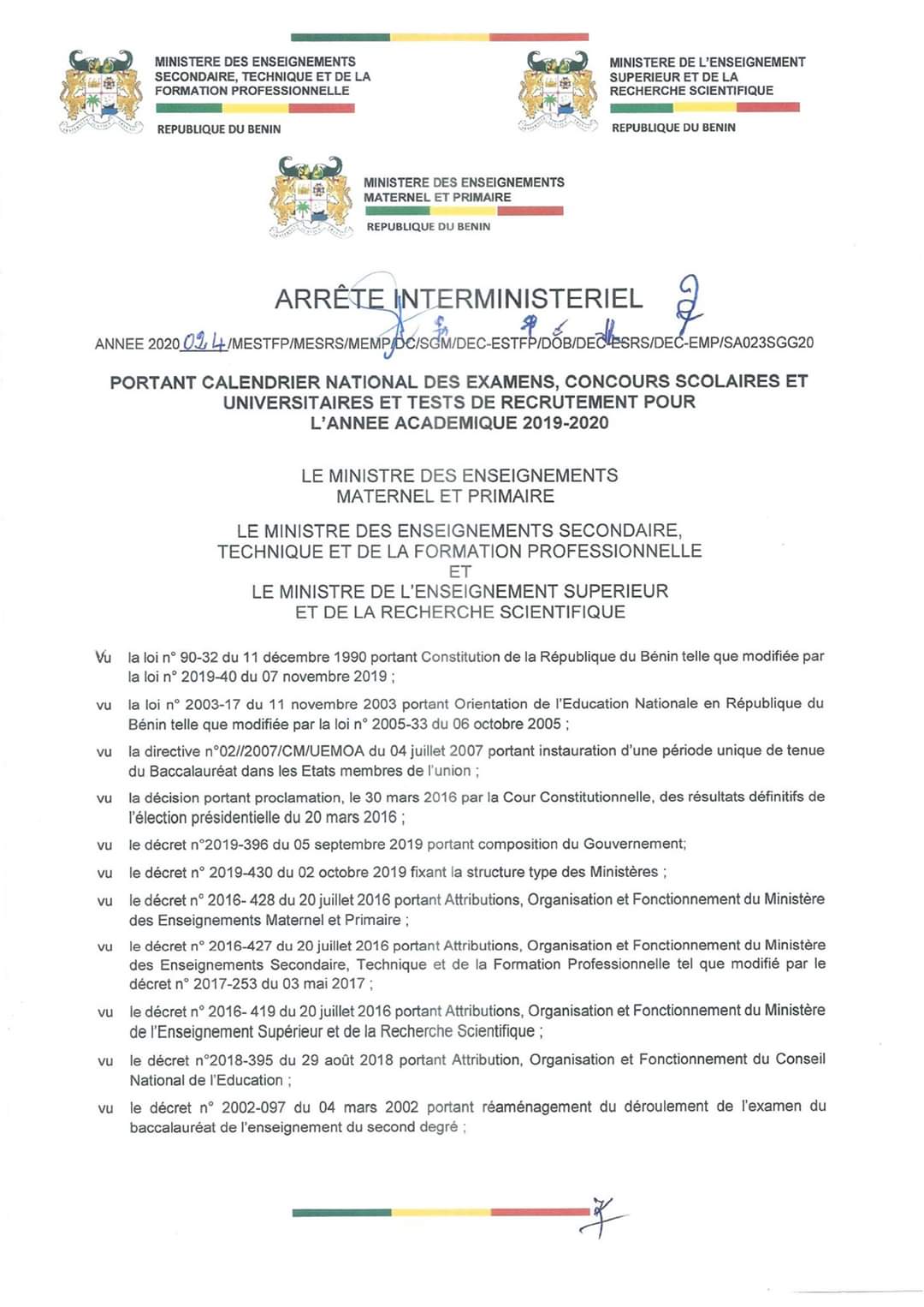 voici l'arrêté ministériel