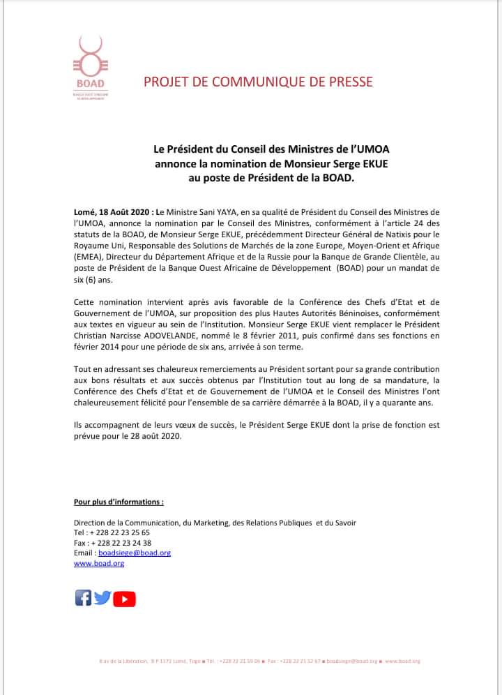 Voici le communiqué annonçant son remplacement