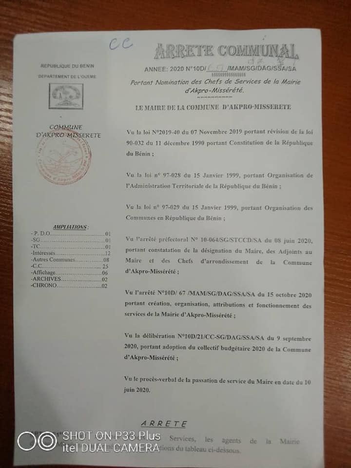 Akpro-Missérété : lire l’arrêté de nomination d’une douzaine de chefs services à la Mairie