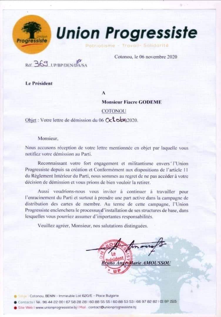 Voici la lettre du président de l'Union Progressiste