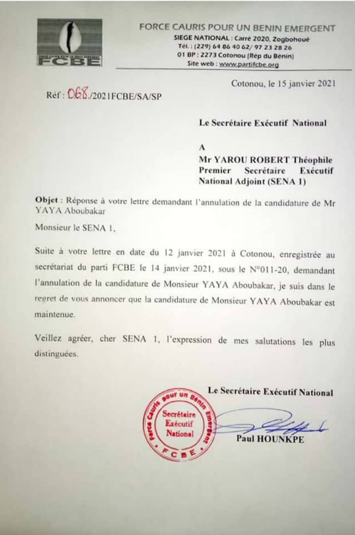 Voici la lettre de Hounkpè