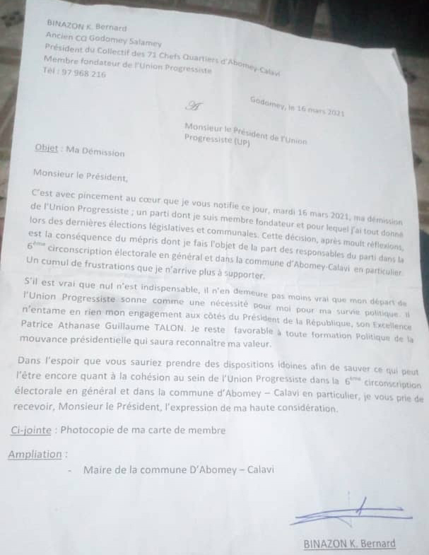 voici la lettre de démission