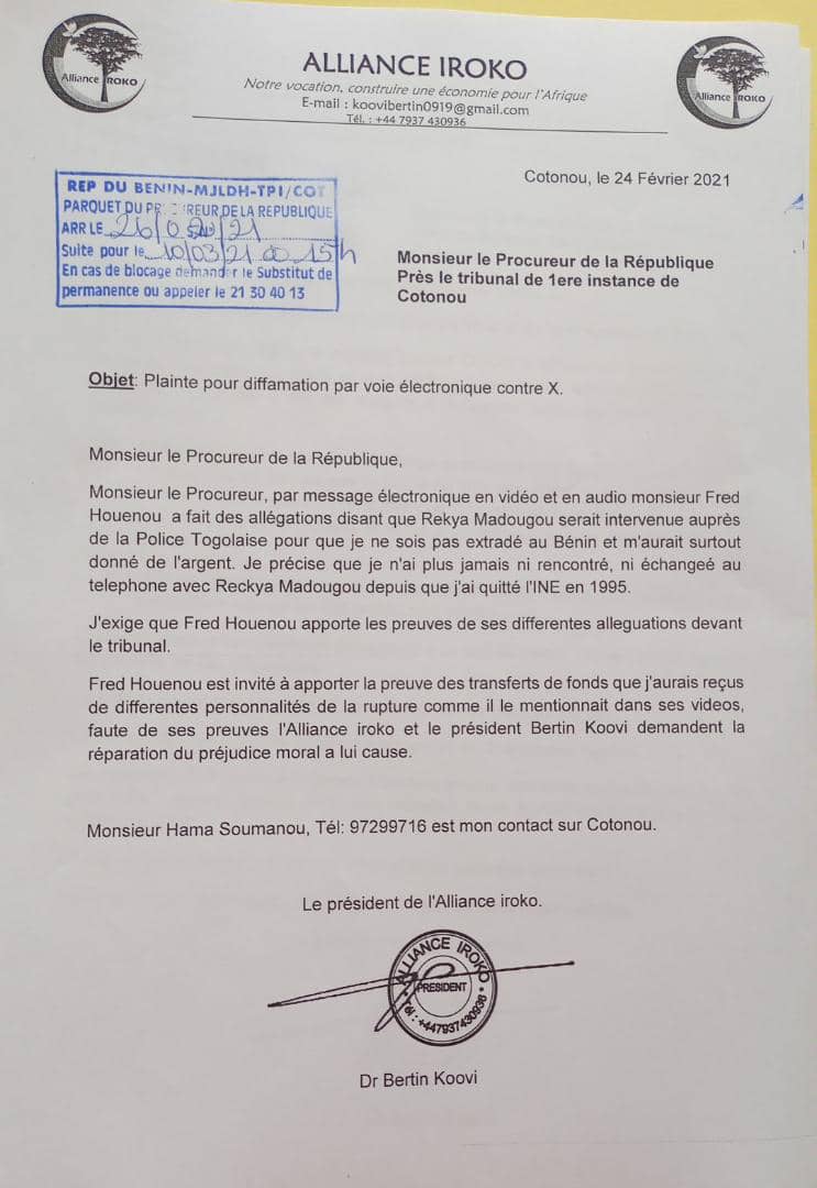 Plainte contre Fred Houénou