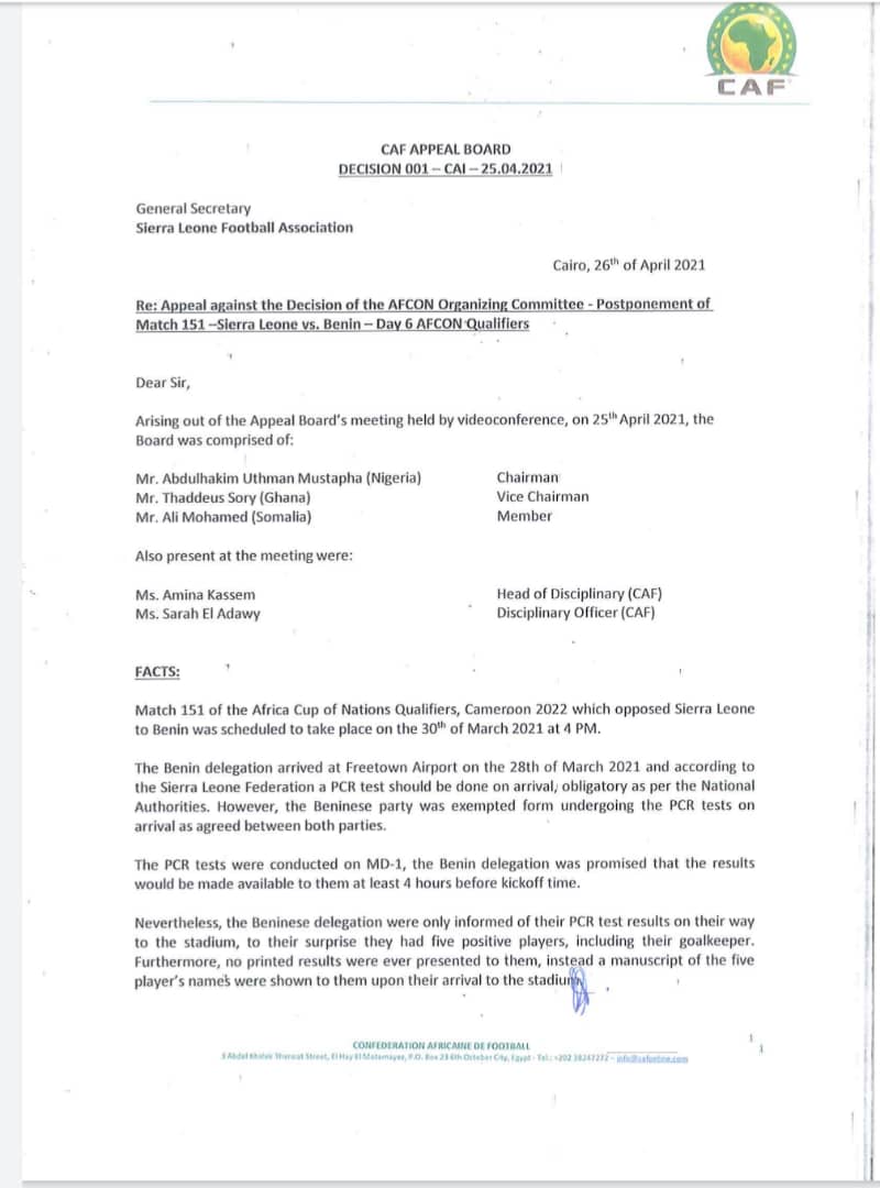 Courrier de la CAF à la Sierra Léone