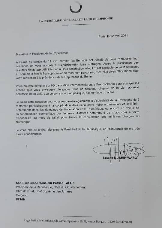 voici la lettre de félicitations