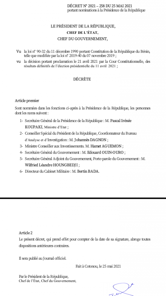 Bénin : une liste de (11) personnalités nommées à la présidence de la République