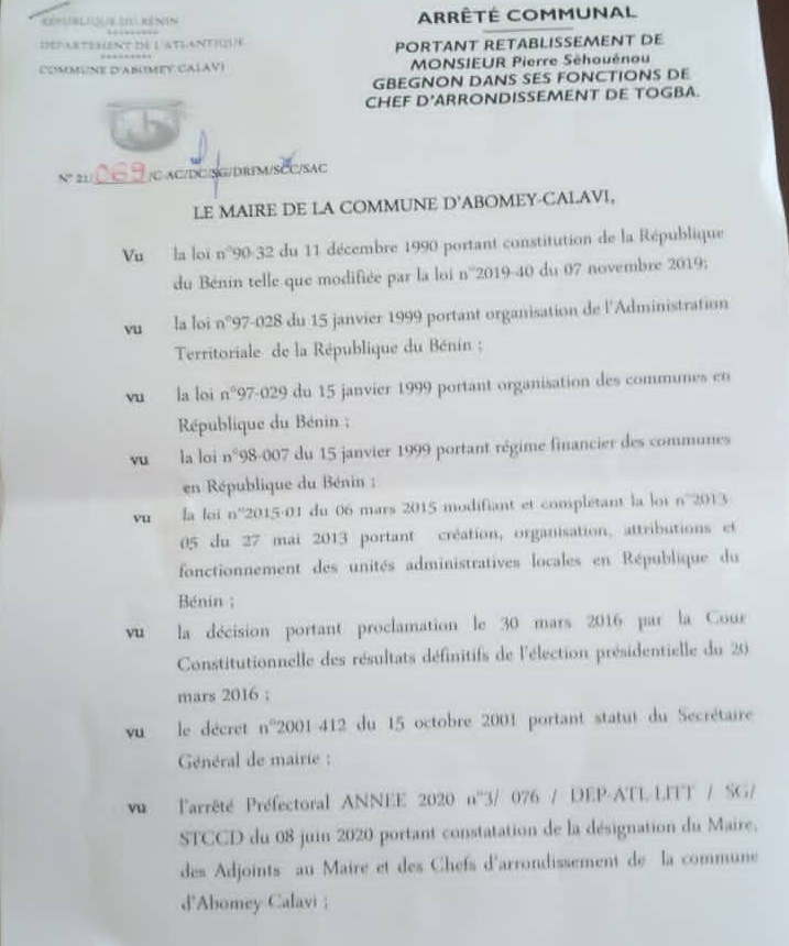 voici l'arrêté du maire