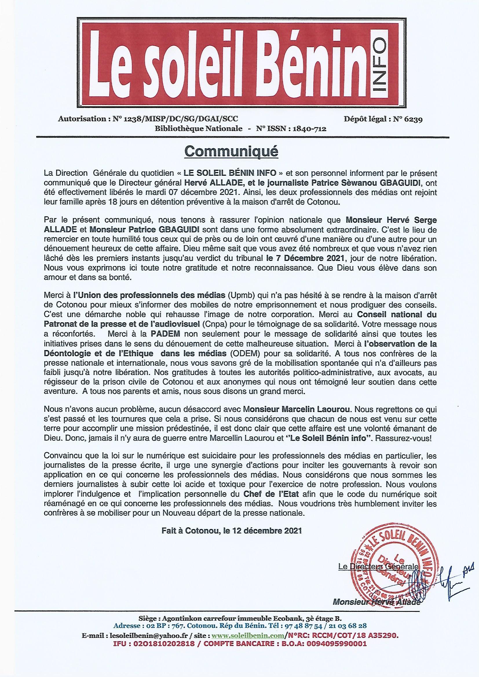 Voici le communiqué