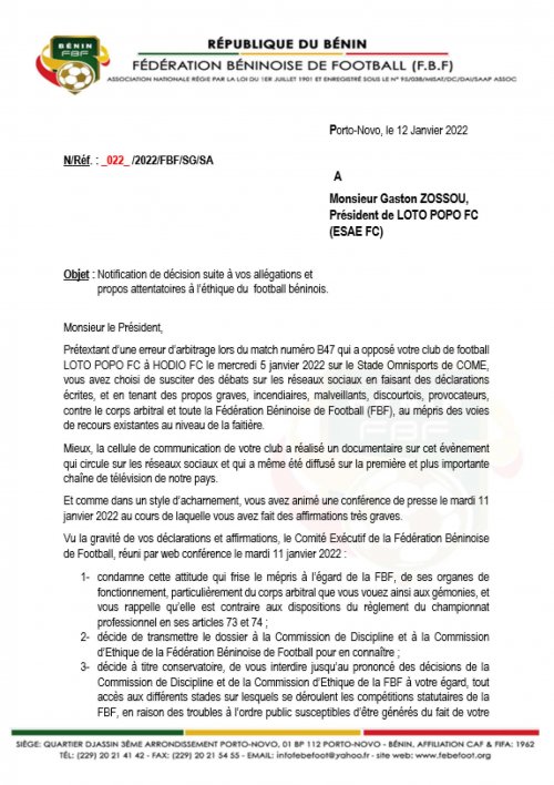 voici l'ancienne note qui l'interdisait d'accès dans les stades