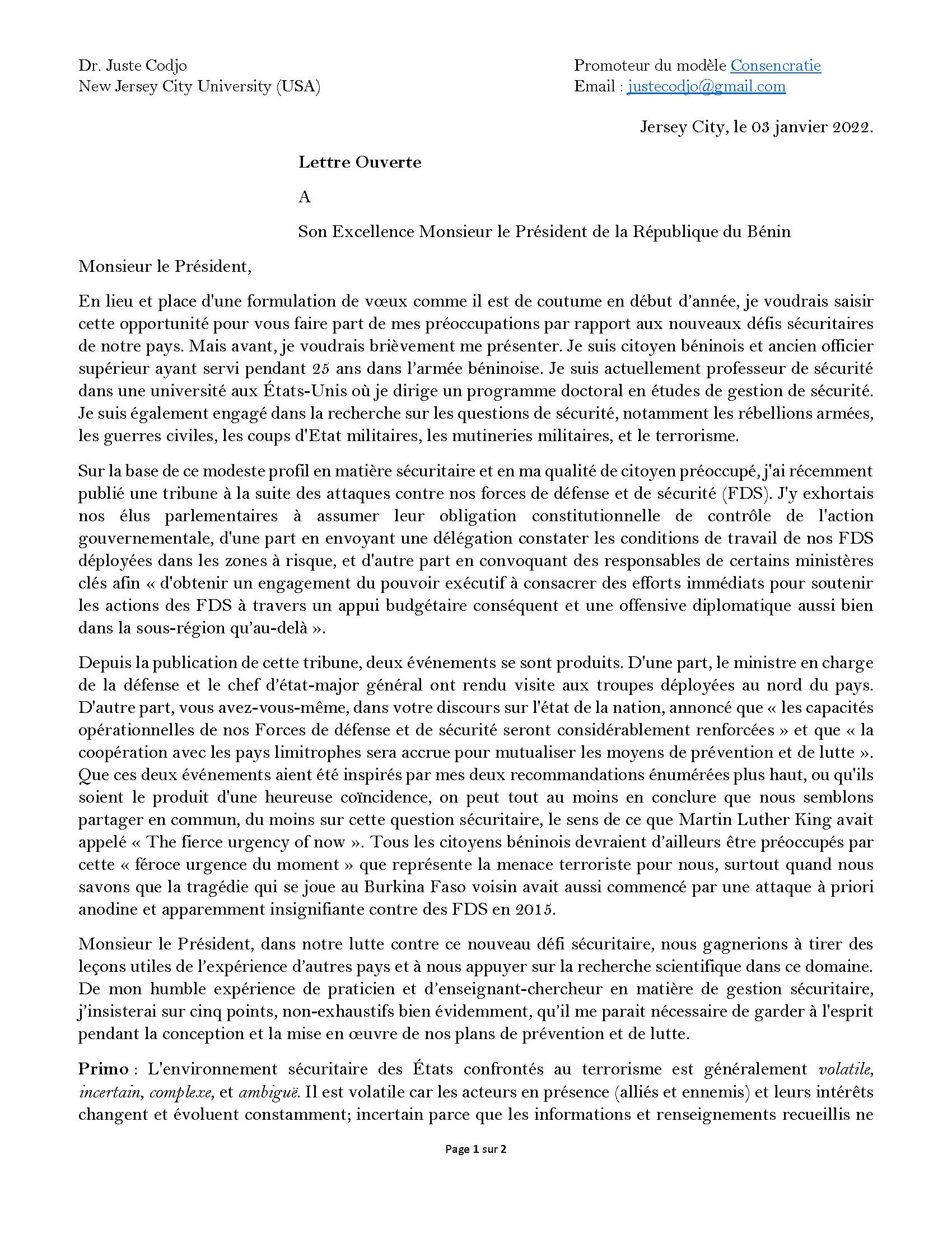 voici la lettre ouverte du Dr Juste Codjo
