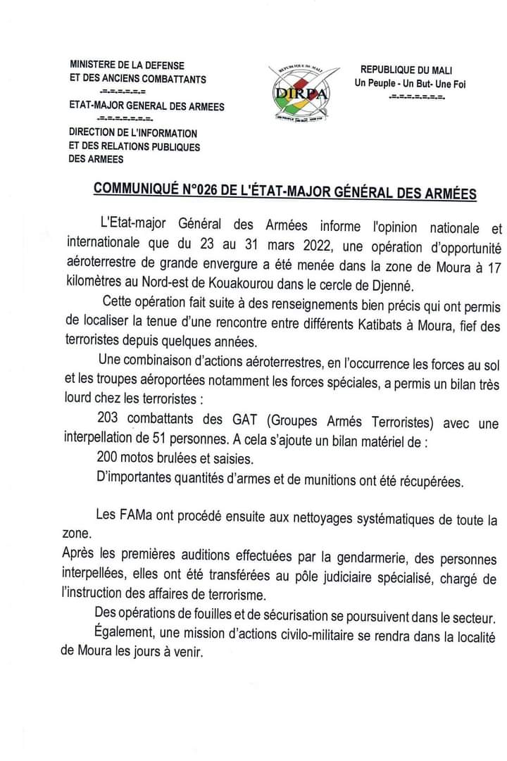 Mali: l’armée annonce avoir neutralisé 203 terroristes après des opérations militaires