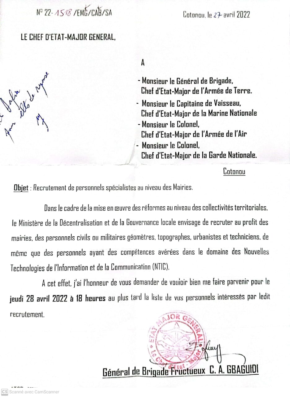 Bénin : le Chef d&rsquo;Etat-major général Fructueux Gbaguidi lance des recrutements au profit des Mairies