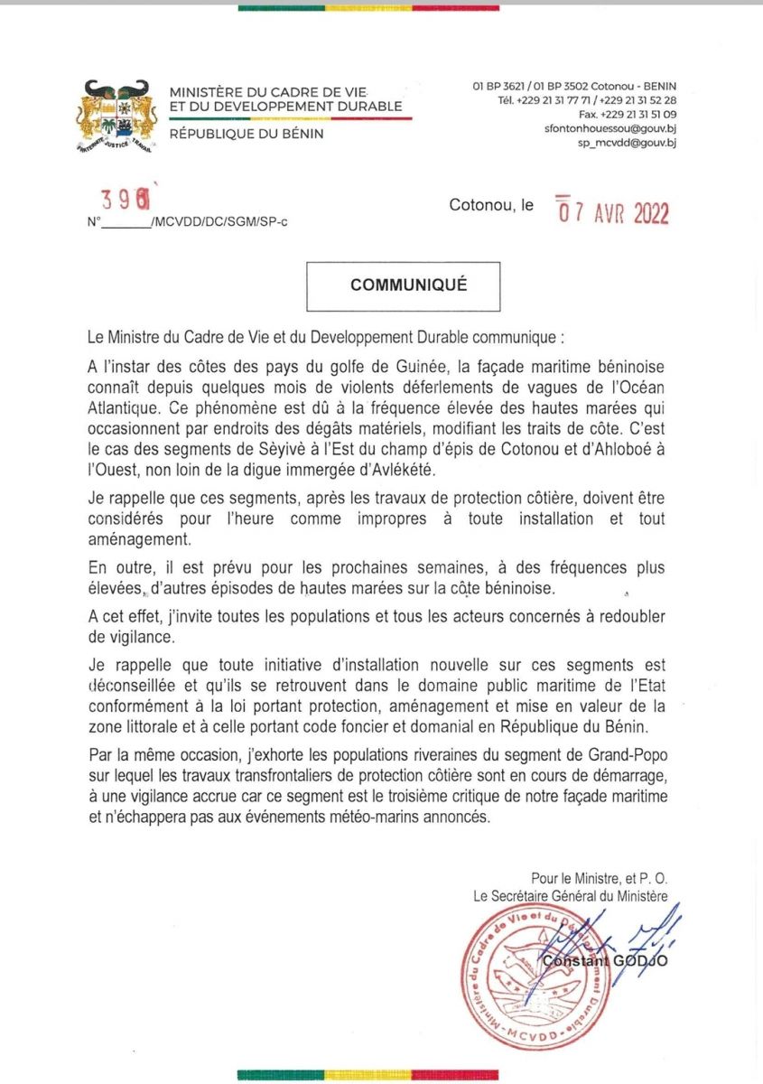 Bénin: des recommandations aux populations après constat de la montée des eaux