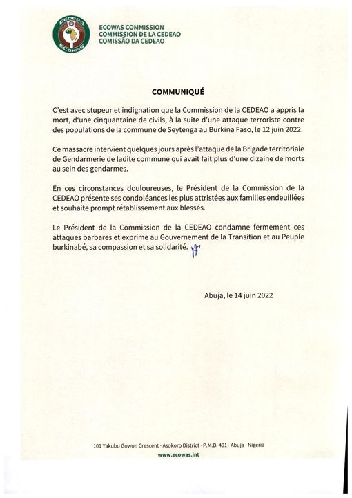 Burkina : la Cedeao condamne l’attaque terroriste qui a fait plus de 50 morts
