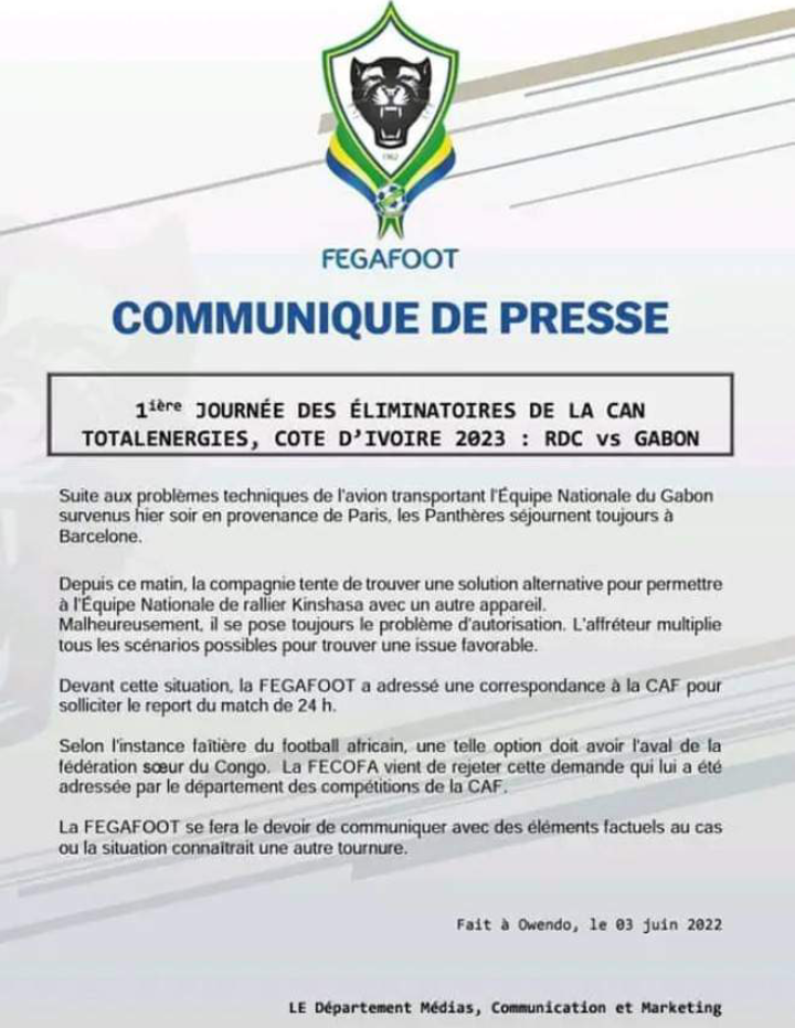 Gabon, l&rsquo;avion des Panthères  bloqué à Barcelone,  la Fédération  demande le report du match des éliminatoires  de la CAN face à  la RDC