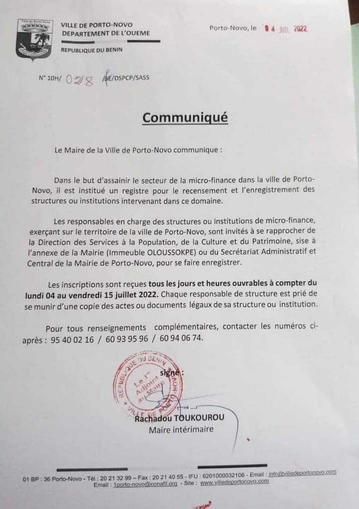 Porto-Novo : un important communiqué à  l&rsquo;endroit des structures et institutions intervenant dans la microfinance