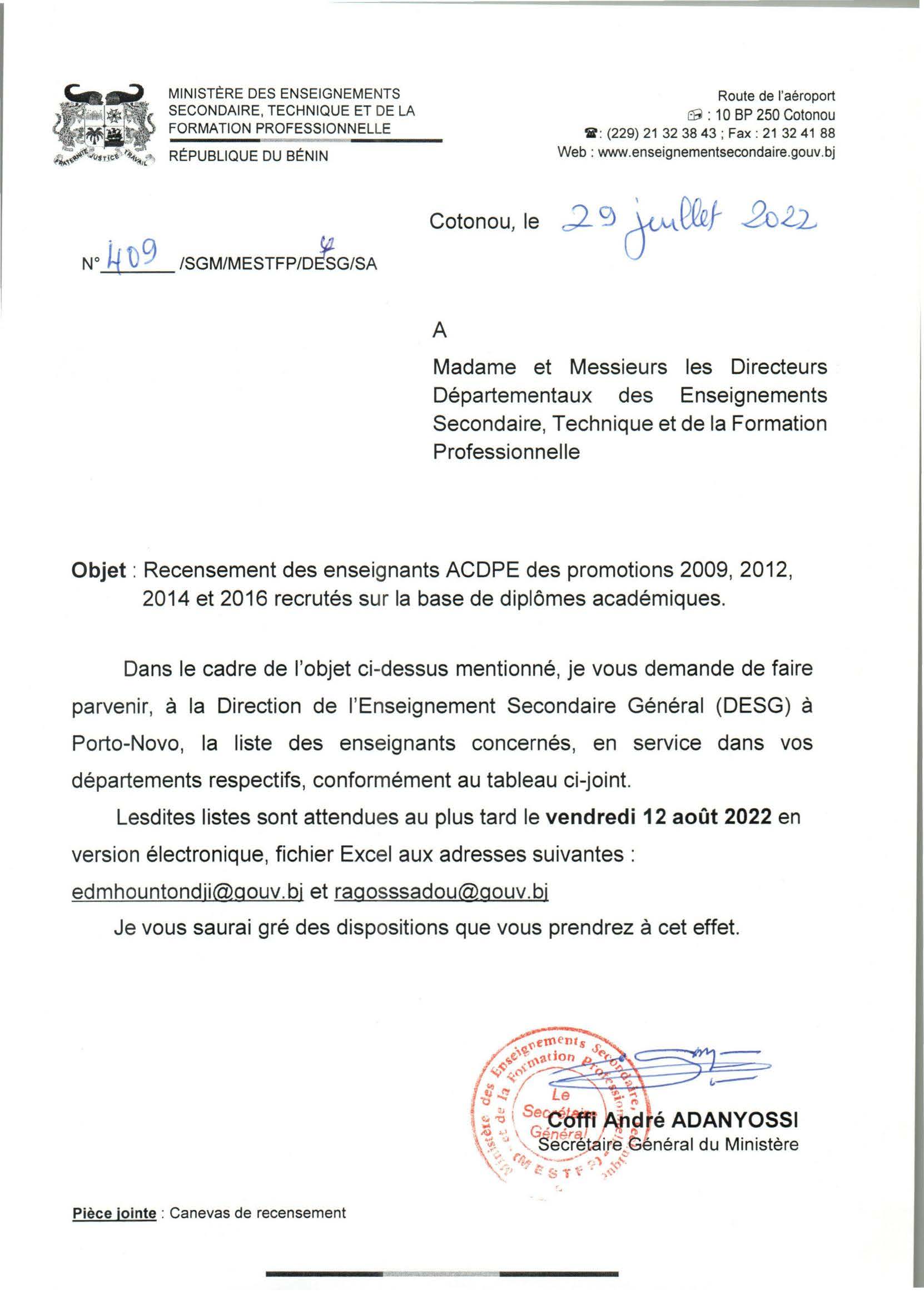 lettre de recensement des enseignants recrutés