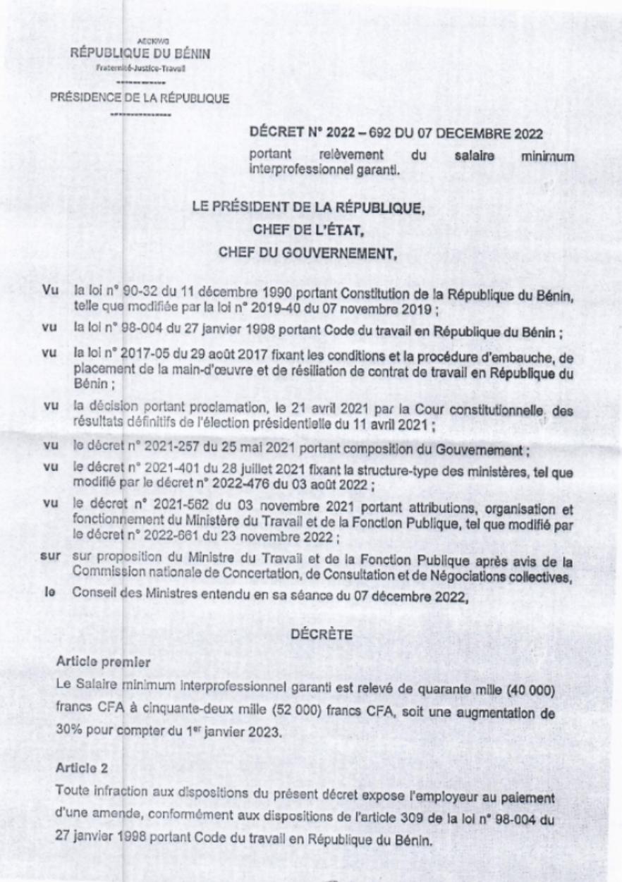 Augmentation des salaires : Talon authentifie l&rsquo;acte juridique d&rsquo;application de la hausse du SMIG, lire l&rsquo;intégralité du décret