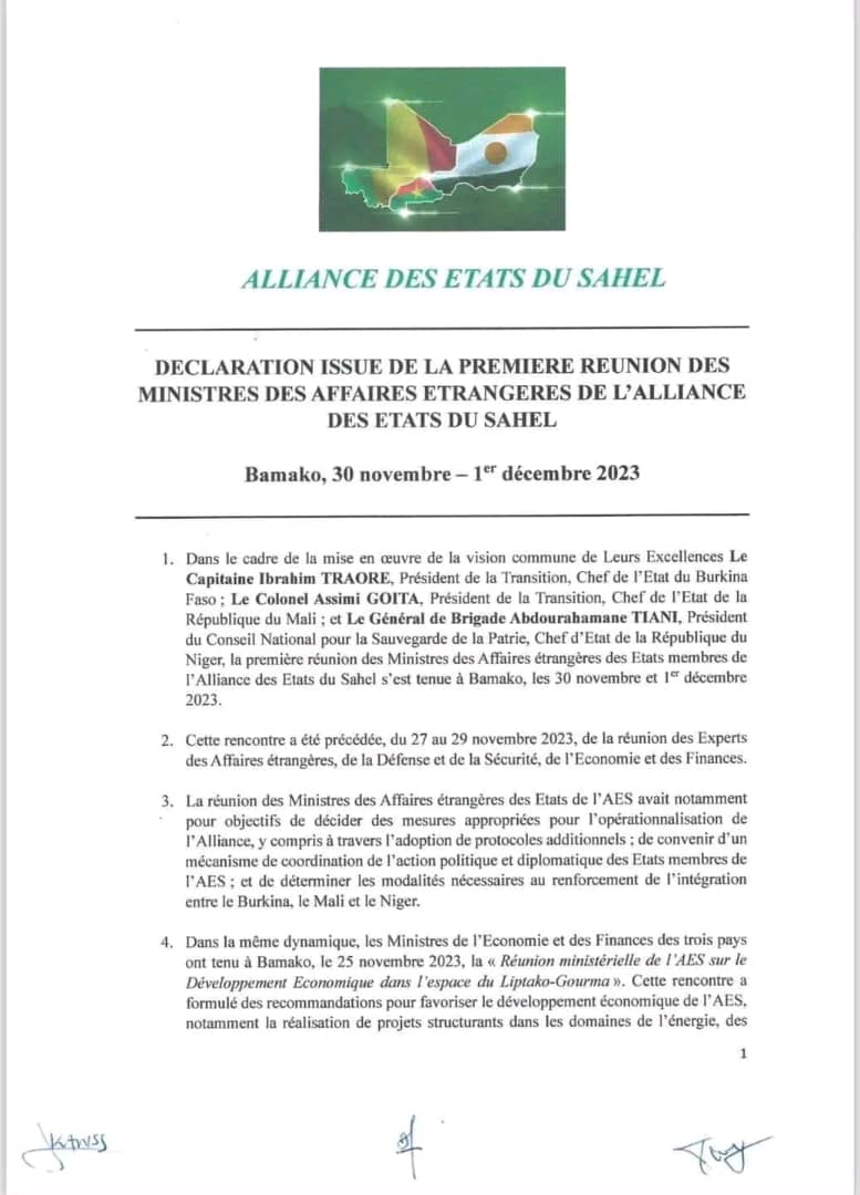 Alliance des Etats du Sahel : Déclaration issue de la première réunion des ministres des affaires étrangères