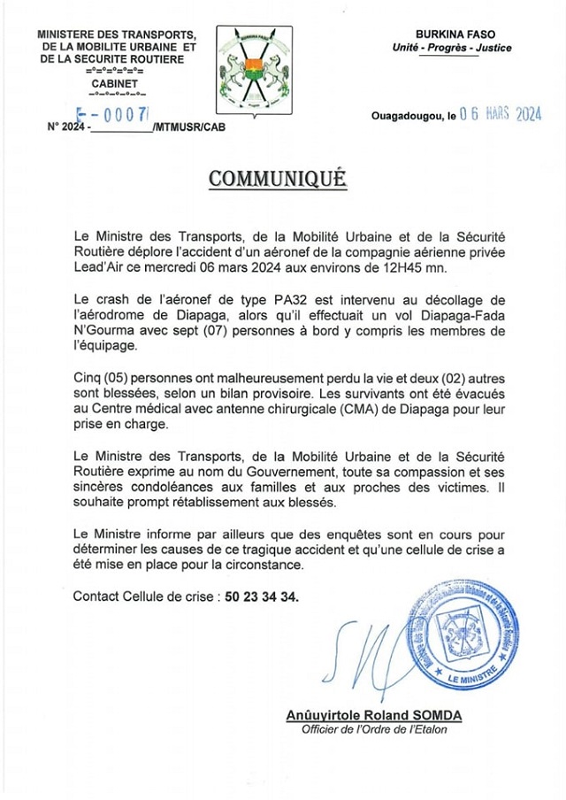 Drame : 05 morts dans un crash d’avion au Burkina Faso ce mercredi (communiqué)
