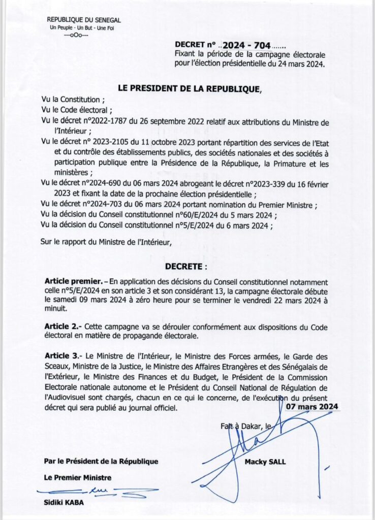 Présidentielle 2024 : Macky Sall signe le décret fixant le démarrage de la campagne électorale (Document)