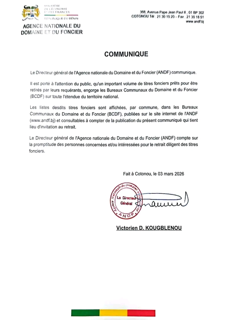 Bénin : des titres fonciers disponibles, l’ANDF appelle au retrait